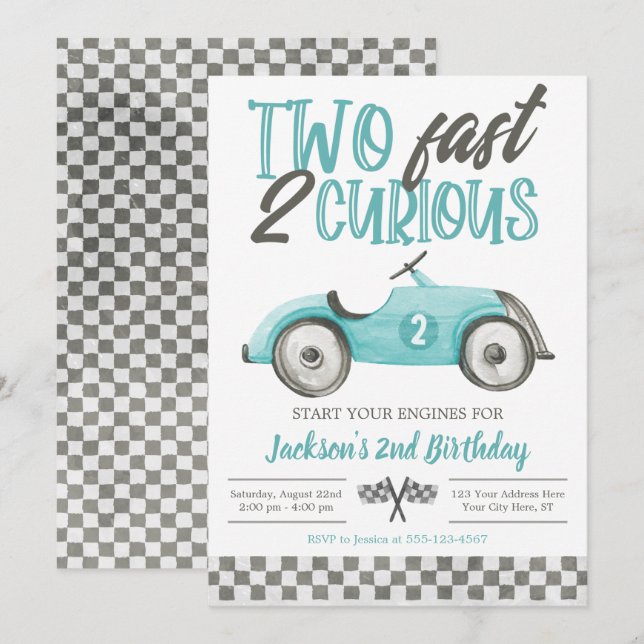 Two Fast 2 Curious Birthday Invitation, Boy Racing Invitation (Front/Back)