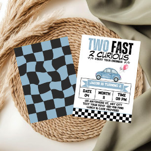 Two Fast 2 Curious Blue Vintage Car Birthday Boy Invitation