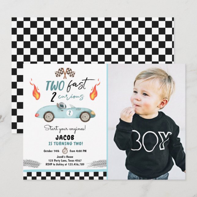 Two Fast 2 Curious Party Race Car 2nd Birthday Inv Invitation (Front/Back)