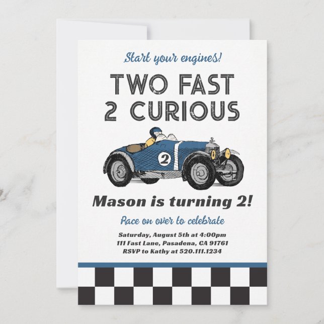 Two Fast 2 Curious Party Race Car Party Invitation (Front)