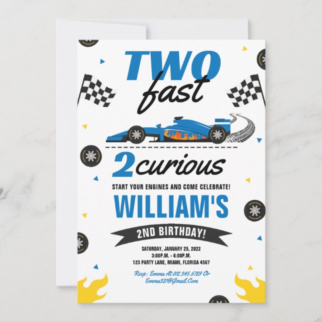 Two Fast 2 Curious Race Car 2nd Birthday Invitation (Front)