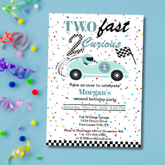 Two Fast 2Curious Blue Sports Car Second Birthday  Invitation
