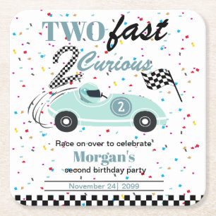 Two Fast 2Curious Blue Sports Car Second Birthday Square Paper Coaster