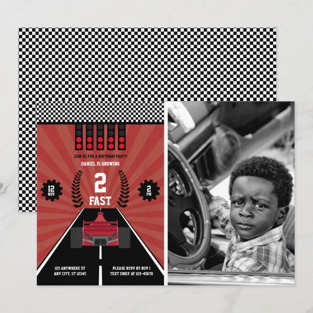Two Fast 2nd Birthday Boy Racing Formula Photo Car Invitation (Front/Back)
