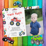 Two Fast 2nd Birthday Kids Monster Car Truck Photo Invitation<br><div class="desc">Two Fast 2nd Birthday Kids Monster Car Trucks Photo Invitation features cute and colourful monster car trucks with the text "Two Fast" in modern red typography script accented with the number 2 and doodles. Personalize with your favourite photo. Perfect for kids second birthday party celebrations. Send in the mail or...</div>