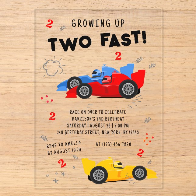 Two Fast 2nd Birthday Kids Racing Cars Acrylic Invitations (Front)