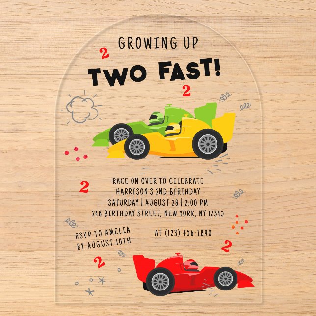 Two Fast 2nd Birthday Kids Racing Cars Acrylic Invitations (Front)
