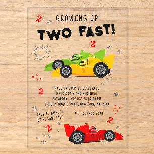 Two Fast 2nd Birthday Kids Racing Cars Acrylic Invitations