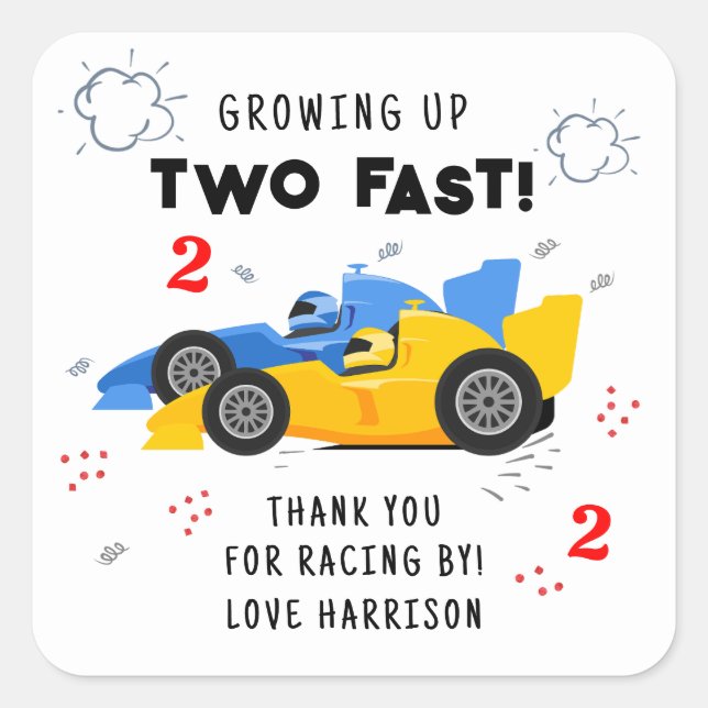 Two Fast 2nd Birthday Kids Racing Cars Custom Square Sticker (Front)
