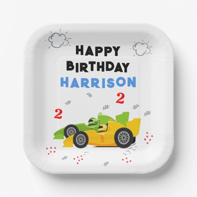 Two Fast 2nd Birthday Kids Racing Cars Name Paper Plate (Front)