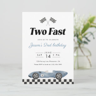 Two Fast 2nd Birthday Vintage Race Car Watercolor  Invitation