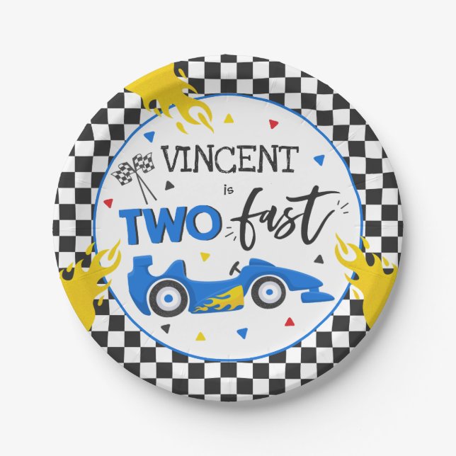 Two Fast Birthday Party Blue Race Car 2nd Birthday Paper Plate (Front)