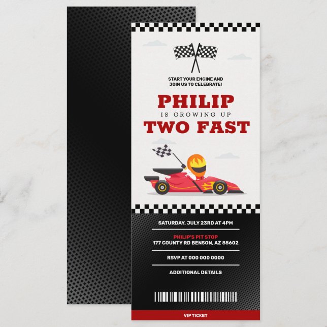 Two Fast Birthday Race Car Racing Party Ticket Invitation (Front/Back)