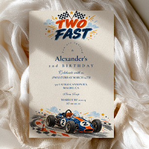 Two Fast Birthday Vintage Navy Orange Racing Invitation