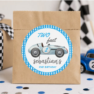 Two Fast Blue Race Car 2nd Birthday Invitation Classic Round Sticker