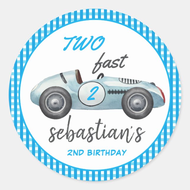 Two Fast Blue Race Car 2nd Birthday Invitation Classic Round Sticker (Front)