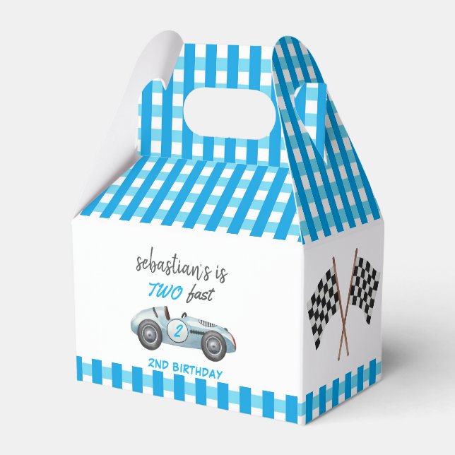 Two Fast Blue Race Car 2nd Birthday Invitation Favor Box (Front Side)