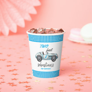 Two Fast Blue Race Car 2nd Birthday Invitation Paper Cups