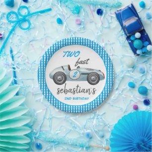 Two Fast Blue Race Car 2nd Birthday Invitation Paper Plate