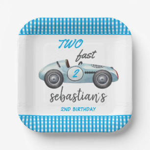 Two Fast Blue Race Car 2nd Birthday Invitation Paper Plate