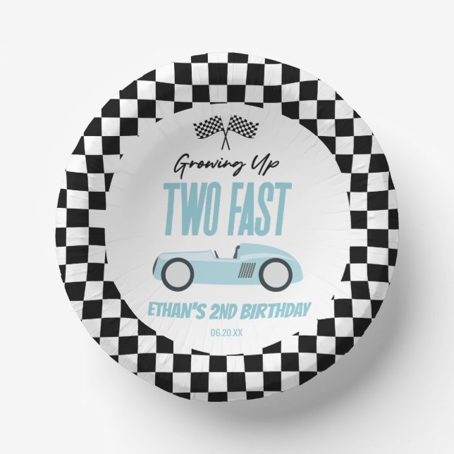 Two Fast Blue Race Car 2nd Birthday Party Paper Plate (Front)