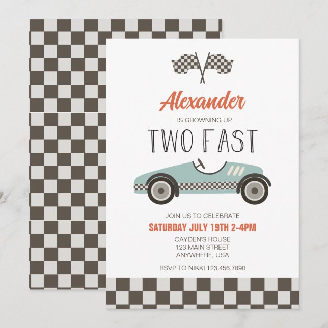 Two Fast BLUE Race Car Birthday Invitation (Front/Back)