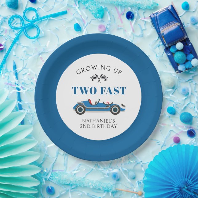 Two Fast Blue Racing Car 2nd Birthday Paper Plate (Party)