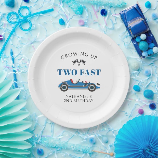 Two Fast Blue Racing Car 2nd Birthday Paper Plate (Party)