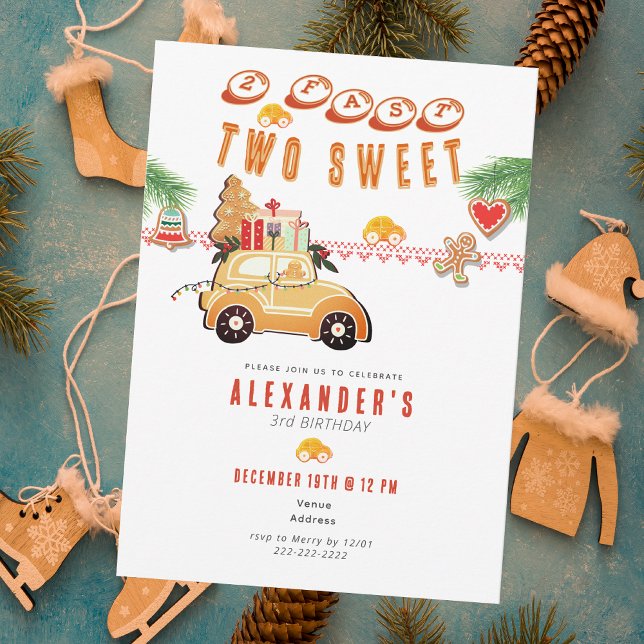 Two Fast Christmas Gingerbread Car 2nd Birthday Invitation (Two Fast Two Sweet Christmas Gingerbread Car 2nd Birthday December Winter Invitation)