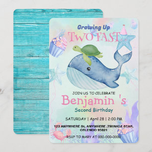 Two fast Cute Blue Sea Coral turtle Whale Birthday Invitation