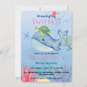 Two fast Cute Blue Sea Coral turtle Whale Birthday Invitation