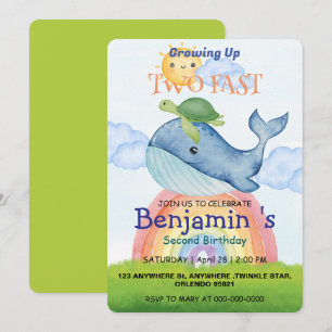 Two fast Cute rainbow sun turtle Whale Birthday Invitation