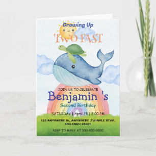 Two fast Cute rainbow sun turtle Whale Birthday Invitation