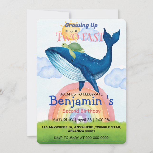 Two fast Cute rainbow turtle Whale fish Birthday Invitation (Front)