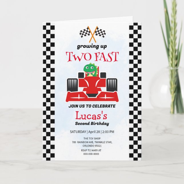 Two Fast Dinosaur Race Car 2nd Birthday Party  Invitation (Front)