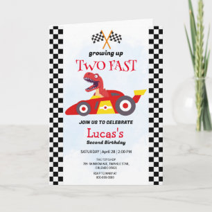 Two Fast Dinosaur Race Car 2nd Birthday Party  Invitation