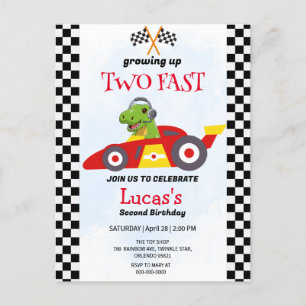 Two Fast Dinosaur Race Car 2nd Birthday Party  Postcard