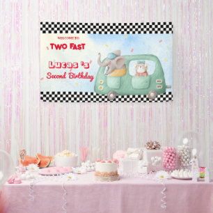 Two Fast Elephant Dog Race Car 2nd HBD Party Banner
