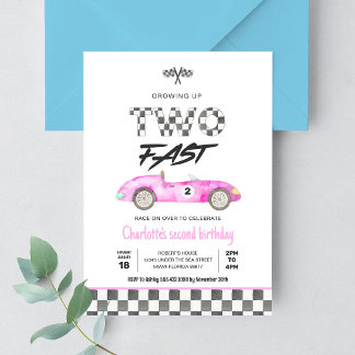 Two Fast Girl Pink Race Car Vintage Birthday Invitation