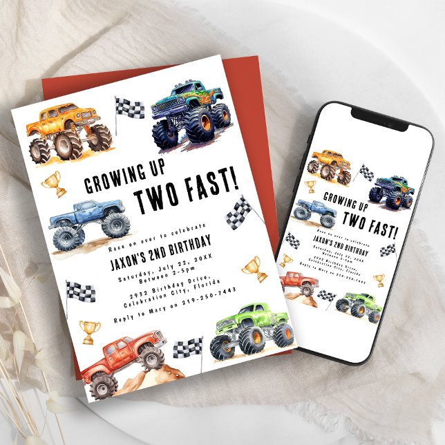 Two Fast Monster Trucks 2nd Birthday Party Invitation (Creator Uploaded)