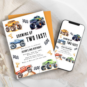 Two Fast Monster Trucks 2nd Birthday Party Invitation