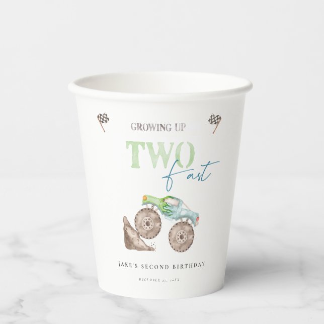TWO Fast Monster Trucks Birthday Paper Cups (Front)
