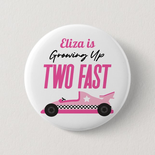 Two Fast Pink Race Car 2nd Birthday Party 2 Inch Round Button (Front)
