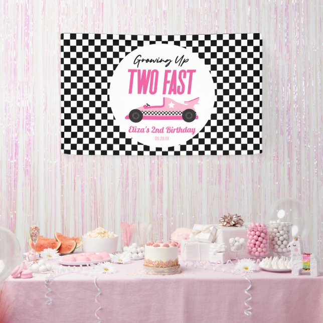 Two Fast Pink Race Car 2nd Birthday Party Banner (Party)