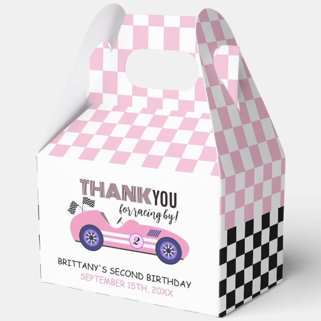 Two Fast Pink Race Car Second Birthday  Favor Box (Front)