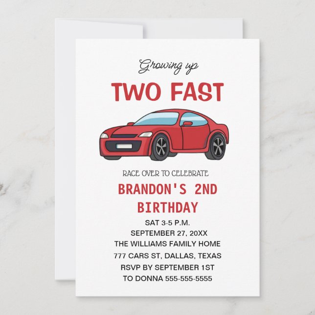 Two Fast Race Car 2nd Birthday Boy  Invitation (Front)