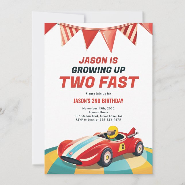 Two Fast Race Car 2nd Birthday Invitation (Front)