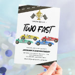 Two Fast Race Car 2nd Birthday  Invitation<br><div class="desc">Boys racing 2nd birthday invitations featuring a simple white background,  4 watercolor race cars,  roads,  chequered flags,  a trophy,  and a kids birthday celebration template that is easy to customize.</div>