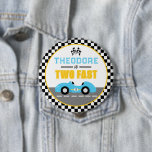 Two Fast Race Car 2nd Birthday Party Favour 4 Inch Round Button<br><div class="desc">Vroom vroom! Celebrate your little racer’s big milestone with these "Two Fast" 2nd birthday party favour buttons. Perfect for a high-speed celebration, this design features a classic vintage light blue race car, sporty chequered flag borders, and bold athletic typography in blue and yellow. Whether you’re throwing a "Toddlerdega" themed party...</div>