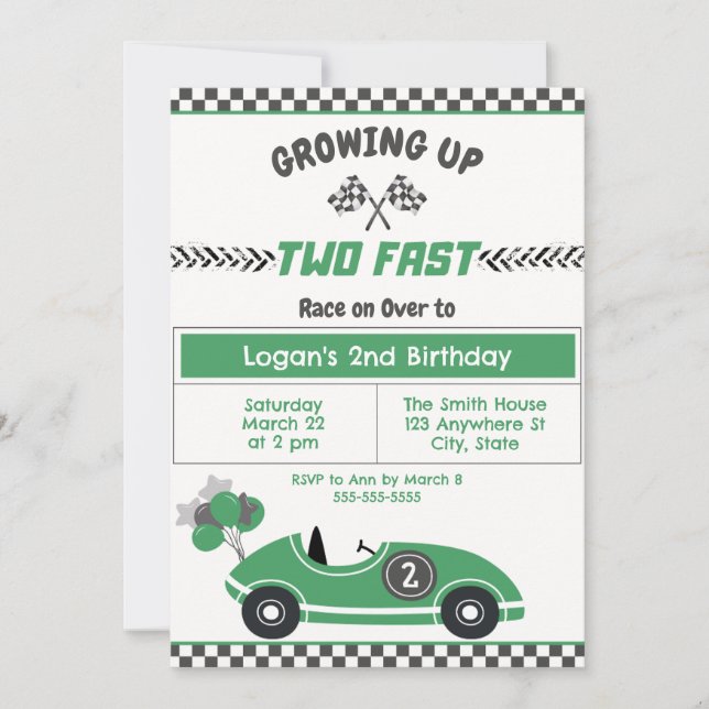 "Two Fast" Race Car 2nd Birthday Party Invitation (Front)